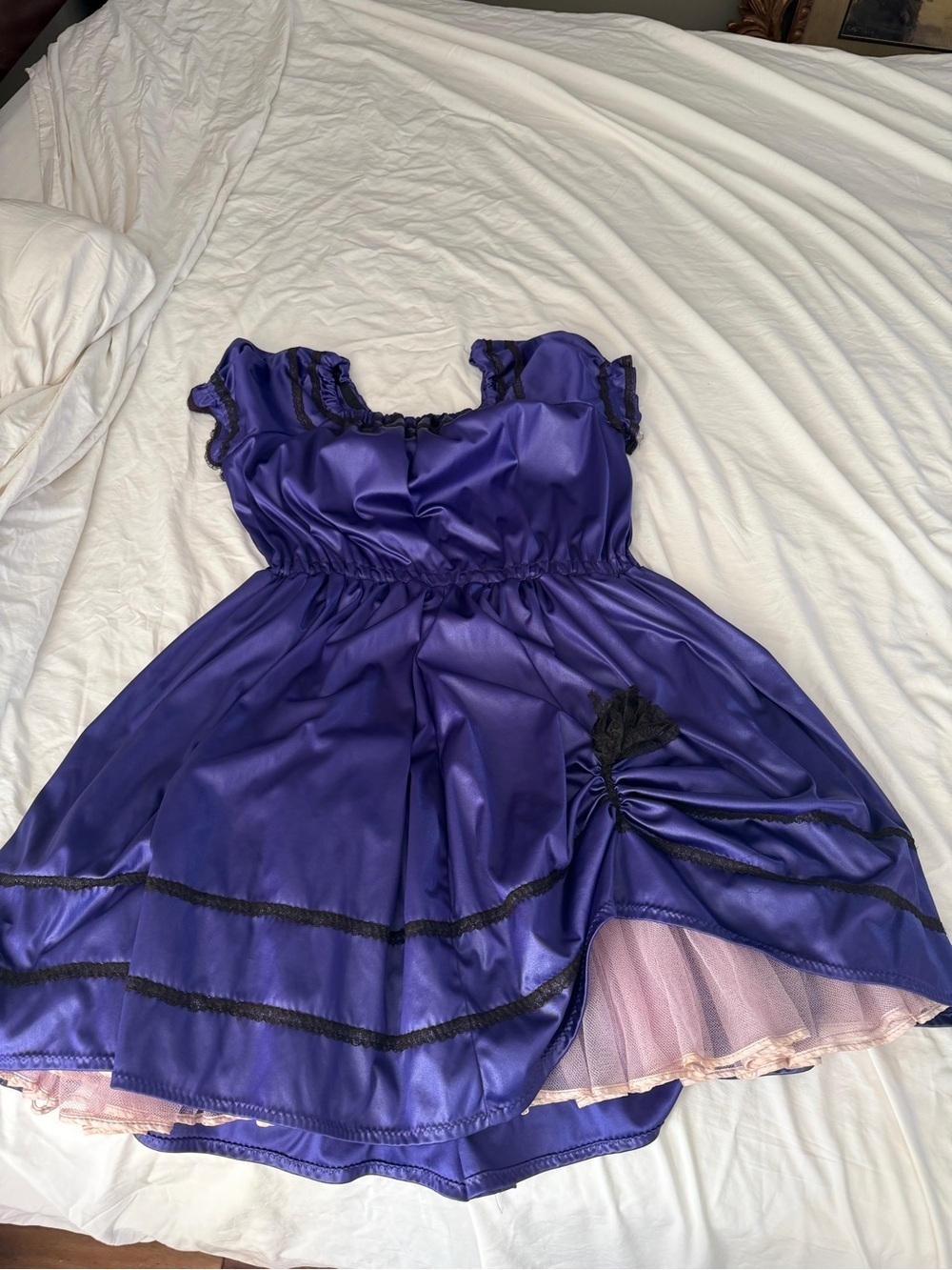 Vintage Deep Purple Satin Midi Dress with Black Lace Trim